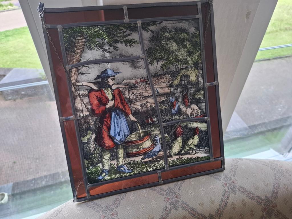 Antiek glas-in-lood paneel met landelijk tafereel, Ophalen of Verzenden