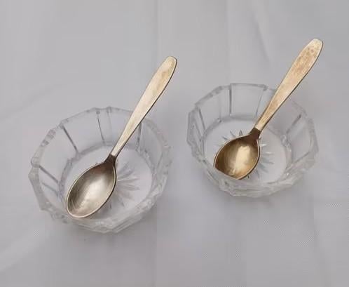 Zoutbakje / mosterdbakje / sausbakje / verzilverd lepeltje, Overige typen, Ophalen of Verzenden, Overige stijlen, Glas