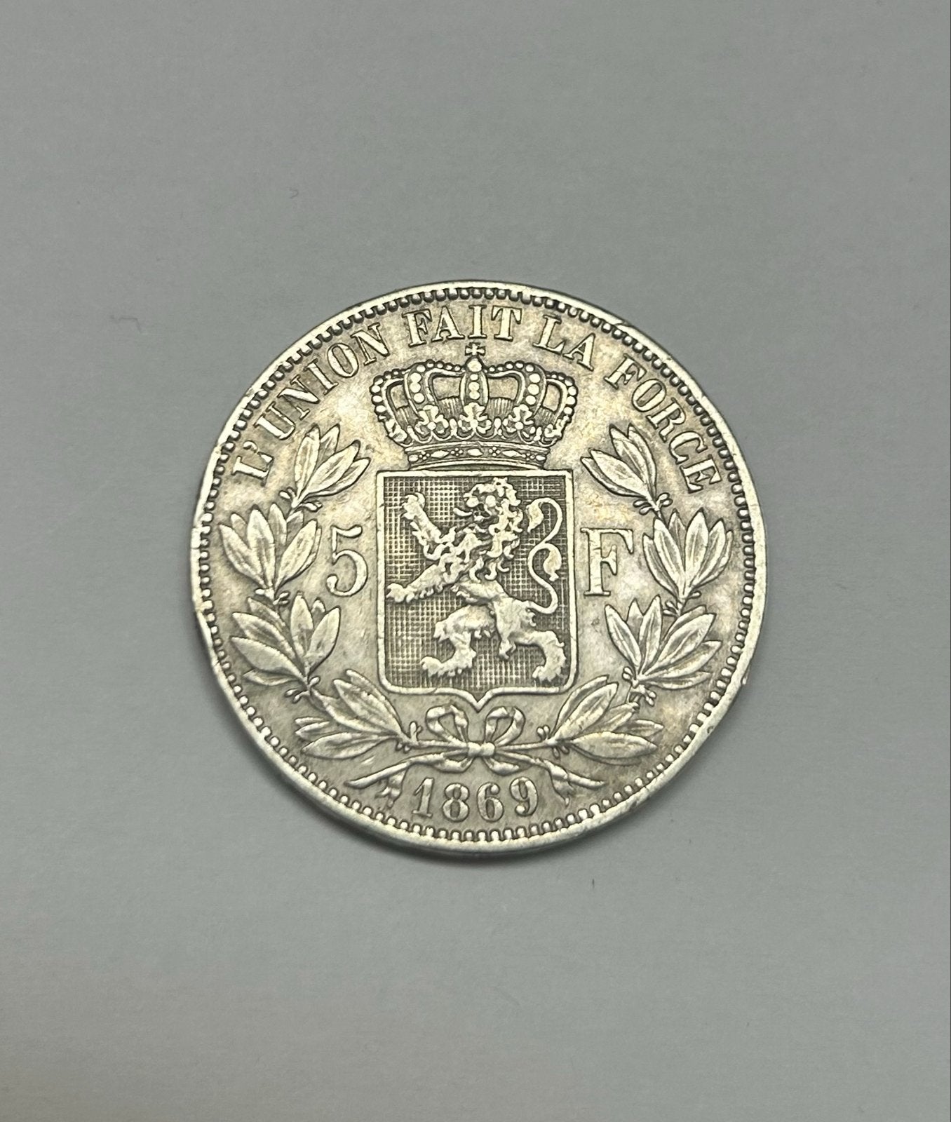 Belgische 5 Franken munt Leopold II uit 1869, Postzegels en Munten, Ophalen of Verzenden, Zilver, Losse munt