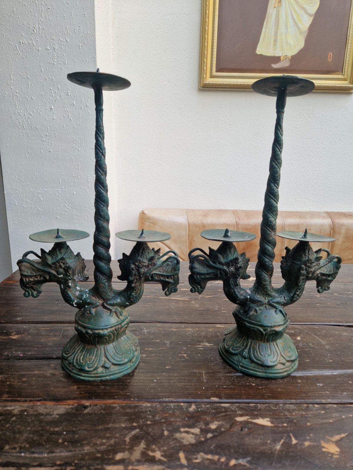 2 oude bronzen draken kandelaars., Antiek en Kunst, Ophalen of Verzenden, Koper of Brons