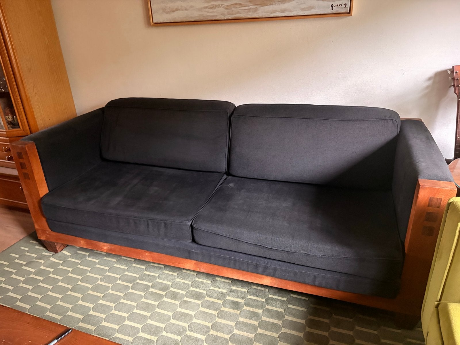 Comfortabele 3-zitsbank met houten frame, Ophalen, Gebruikt, Driepersoons, 75 tot 100 cm