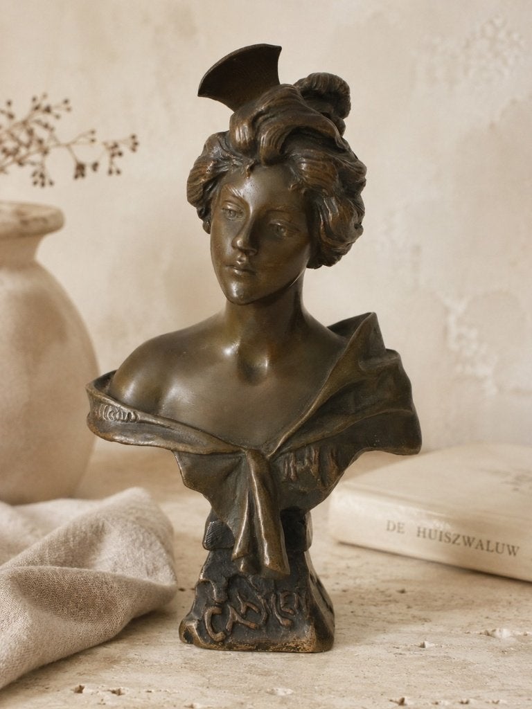 Franse Art Nouveau bronzen buste 'Carmen' Villanis, Ophalen, Minder dan 20 cm, Gemerkt, Brons