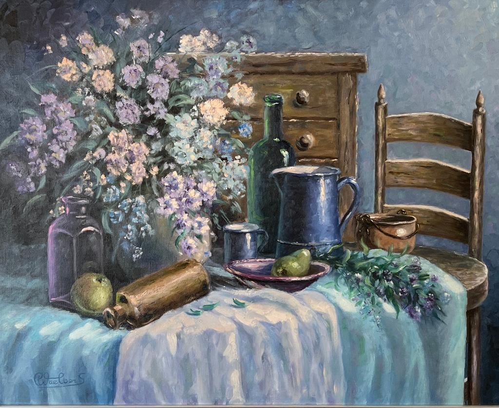 Groot schilderij stilleven kamerinterieur., Ophalen