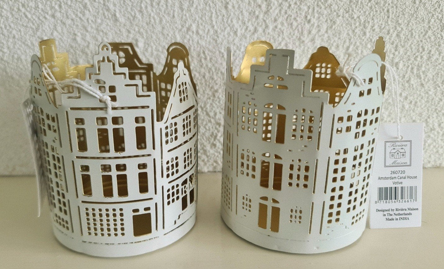 2x Riviera Maison Amsterdam Canal House theelichthouder, 10 cm, Waxinelichthouder, Nieuw, Ophalen of Verzenden