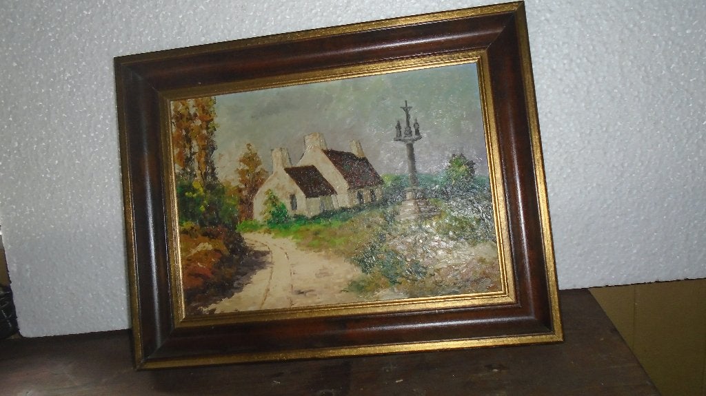 vintage Schilderij gesigneerd, Bijzondere lijst, Landschap, Klassiek, Doek