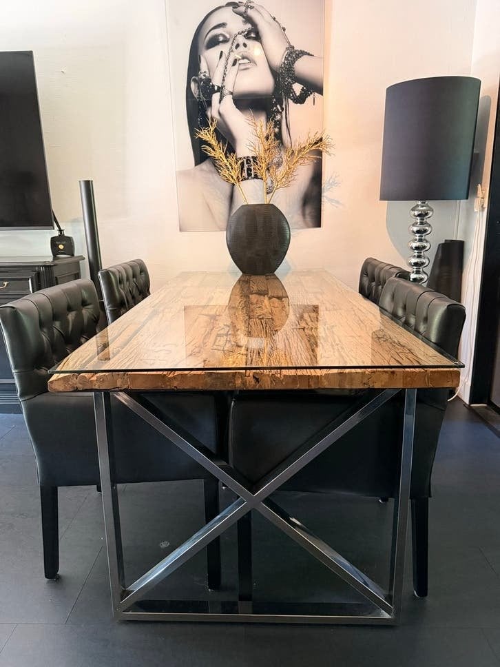 Elegante eettafel met glazen blad en 6 stoelen, Huis en Inrichting, Tafels | Eettafels, Ophalen, 50 tot 100 cm, Zo goed als nieuw