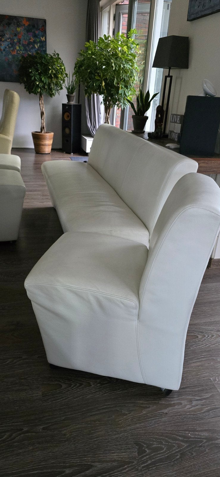 Leren eetbank met 3 stoelen - Crème wit, Huis en Inrichting, Stoelen, Ophalen, Gebruikt, Drie, Wit