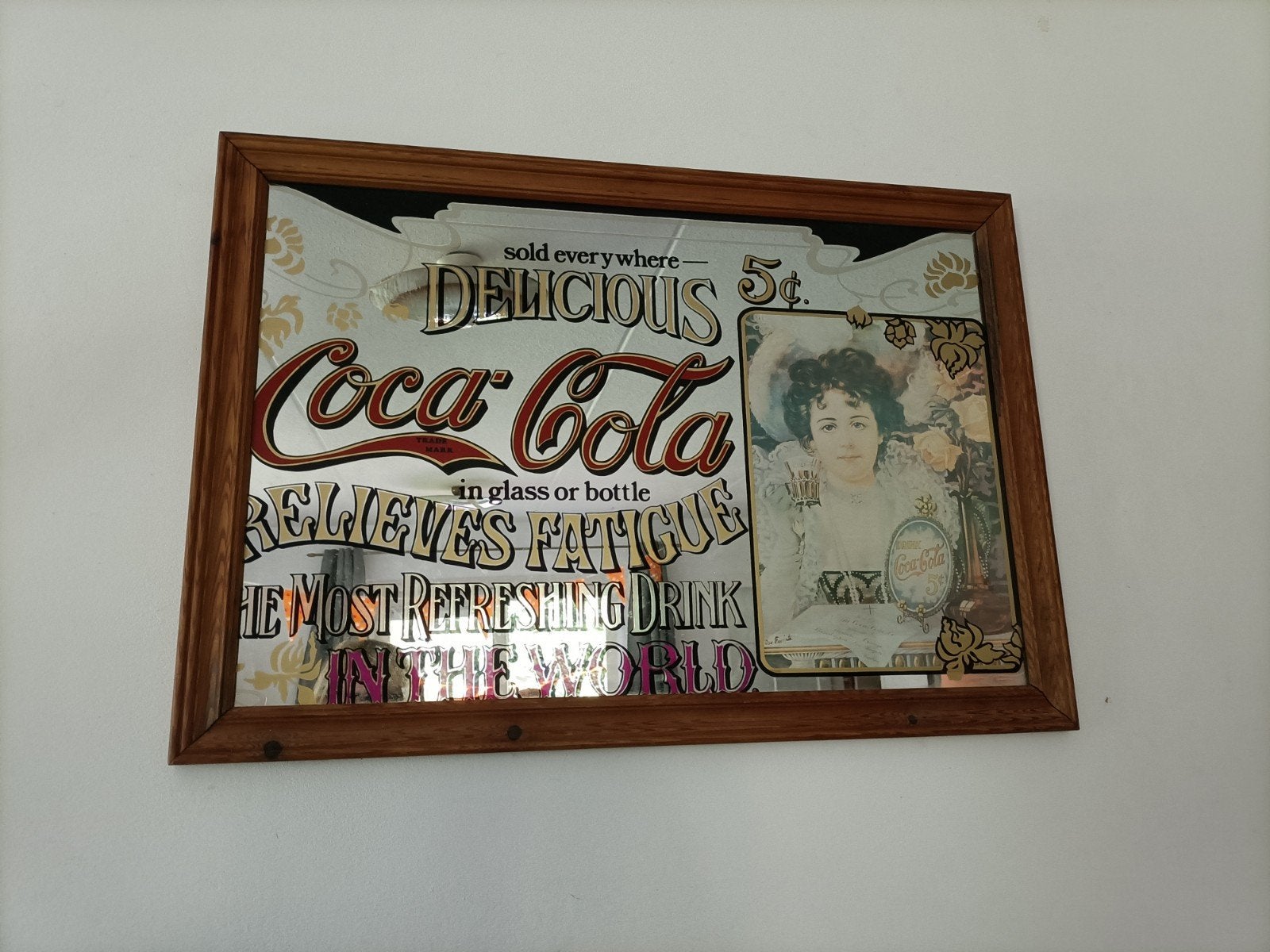 Vintage Coca-Cola spiegel met houten lijst, Ophalen