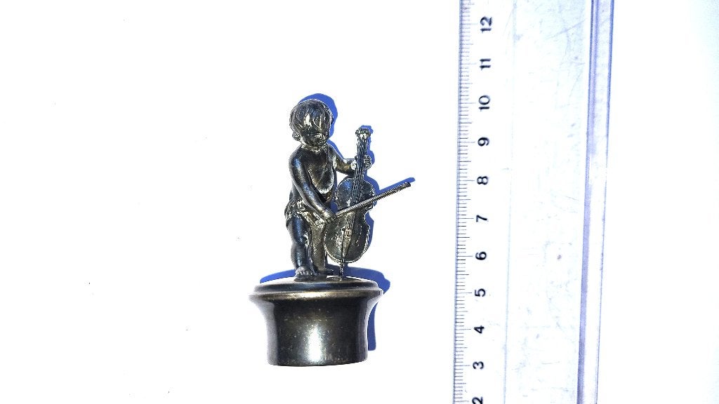 Antieke Miniatuur Muzikant Putto Engel met Contrabas, Ophalen of Verzenden
