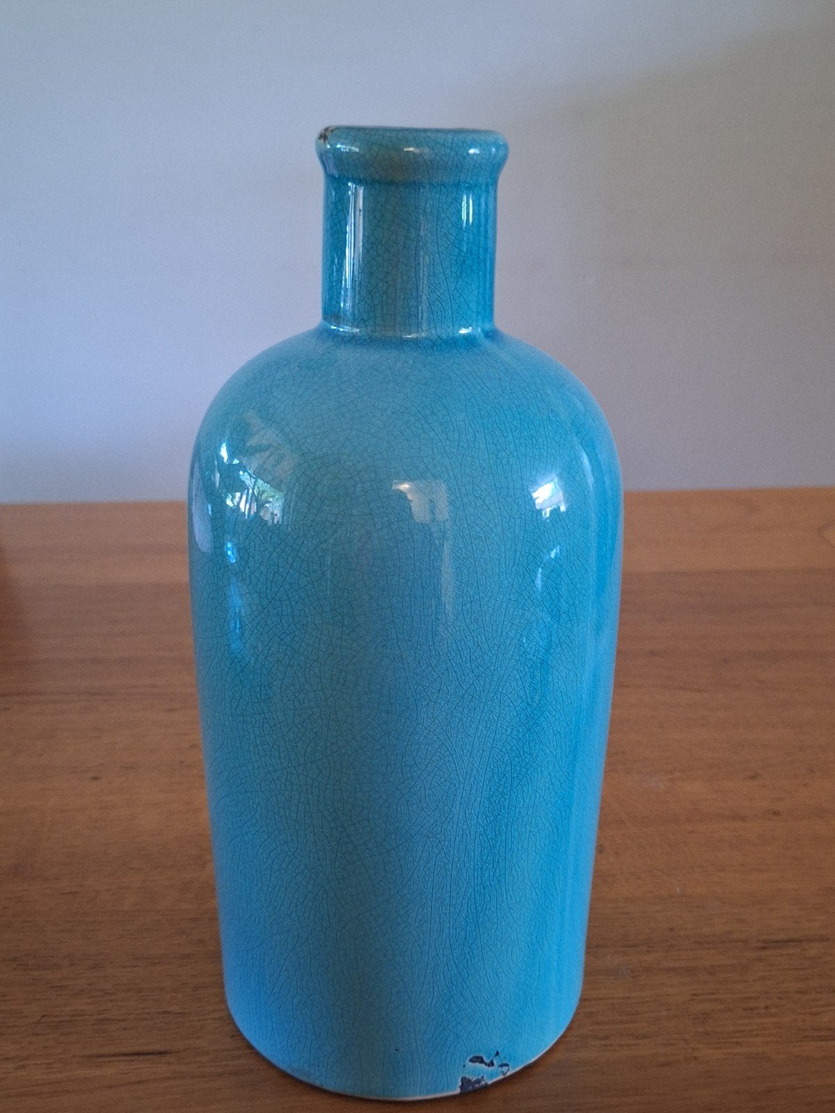 Turquoise / petrol craquelé vaas - decoratieve fles, Huis en Inrichting, 28 cm, Overige kleuren, Ophalen of Verzenden, Zo goed als nieuw