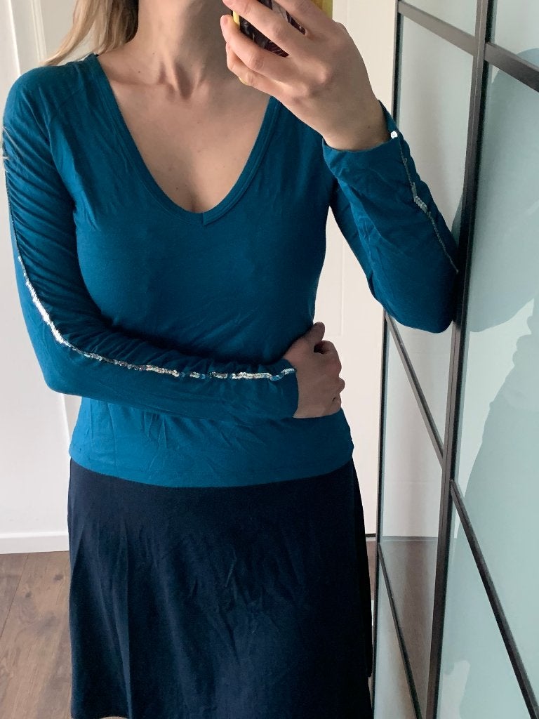 Scenario stretch top shirt mouwen met pailletten petrol L, Kleding | Dames, Blauw, Maat 42/44 (L), Nieuw, Ophalen of Verzenden