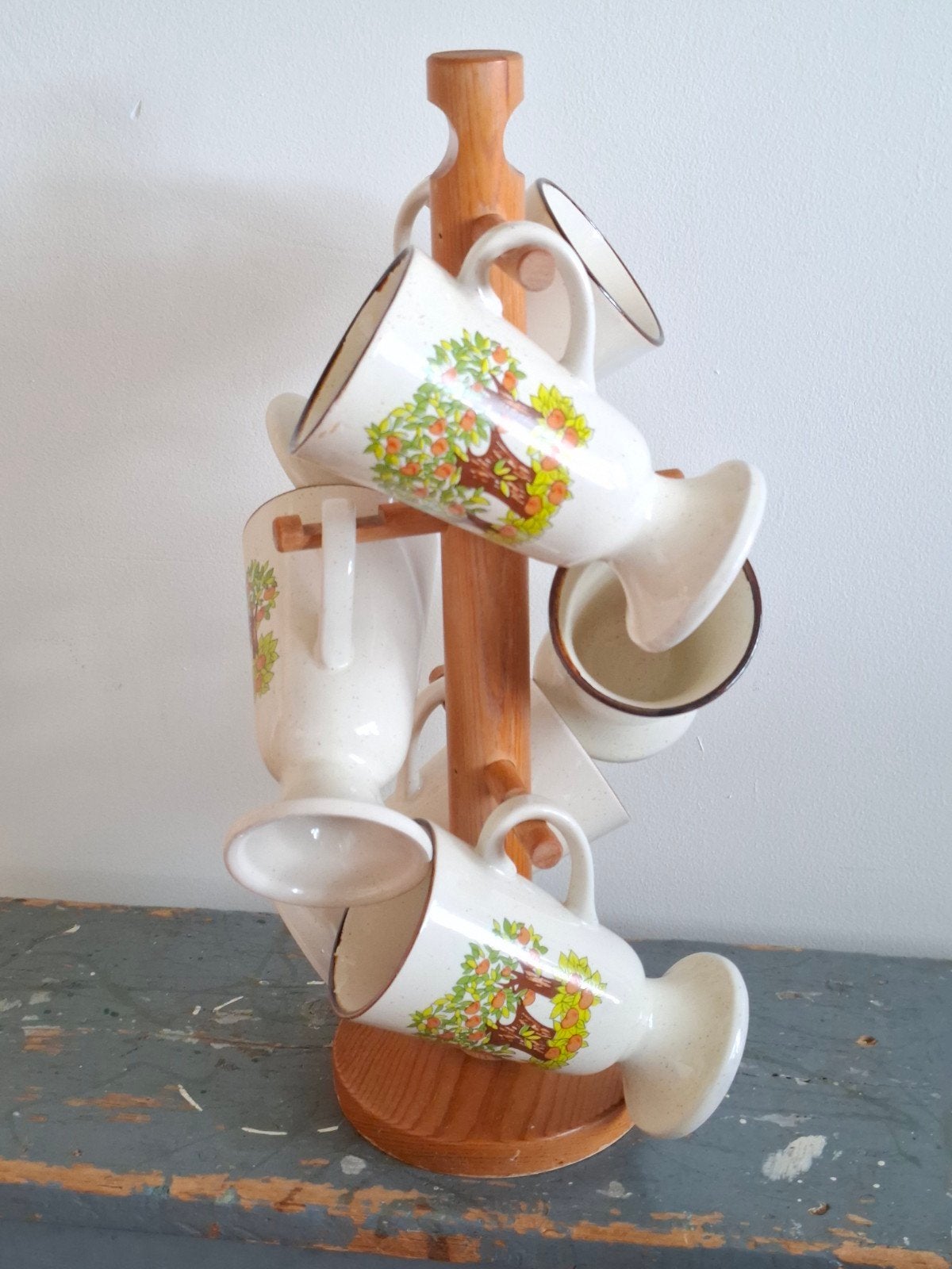 vintage houten mokken boom 6x wild flower appelboom mok gres, Verzenden