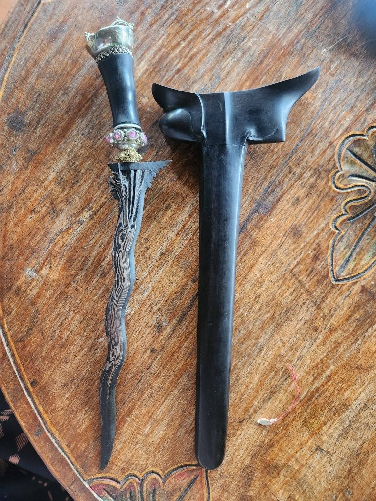 Keris Bali 3 Luk Pamor Ngulit Semangka Gerantim Alpaka KTC33, Antiek en Kunst, Wapen, Indonesië, Meerkleurig, Handgemaakt