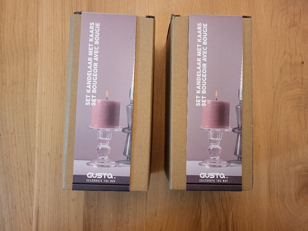Nieuw! Gusta kaarsenhouder + kaars, transparant, roze, 2x, Ophalen of Verzenden, Nieuw, Roze, Kandelaar
