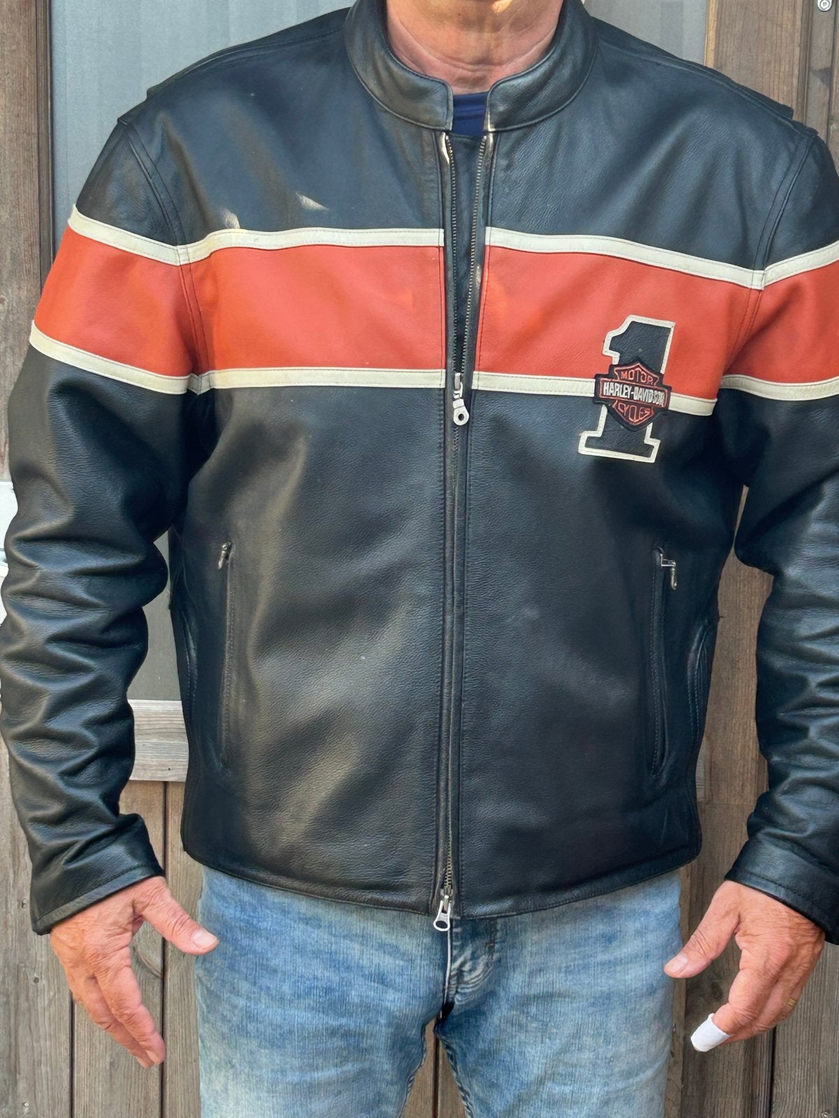 Harley-Davidson dikke Leren Motorjas - Zwart/Oranje (2XL), Ophalen of Verzenden, Tweedehands, Heren, Jas | leer