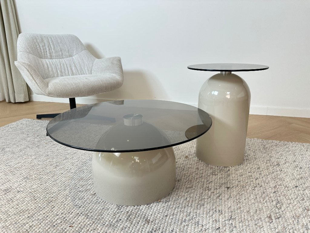 nieuwe set beige salontafels glas japandi hotel chique retro, Ophalen, 50 tot 100 cm, Rond, Nieuw