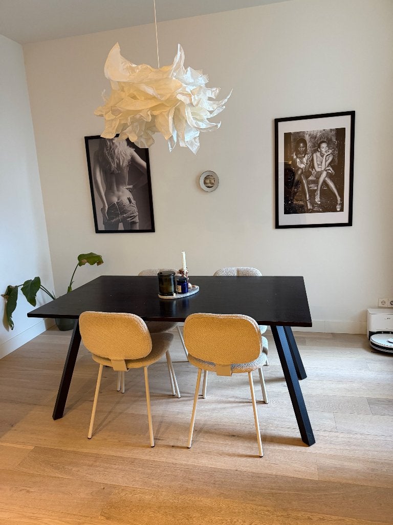 4 Teddy eetkamerstoelen + houten eettafel, Ophalen, Gebruikt, Teakhout, 50 tot 100 cm