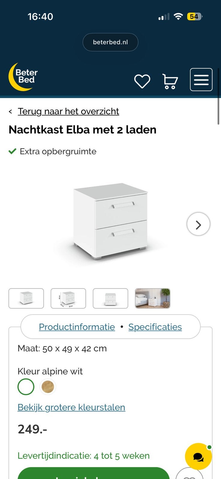 2 stuks BeterBed nachtkastje “Elba” wit, 2 lades, Huis en Inrichting, Ophalen, Overige materialen, Zo goed als nieuw, 45 tot 65 cm