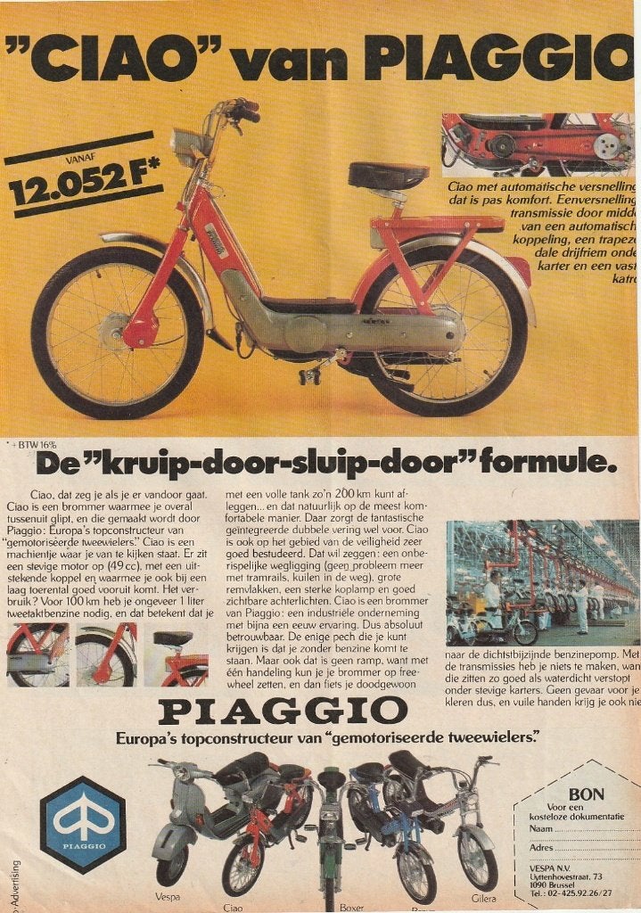 Retro reclame 1978 Piaggio Vespa brommer Ciao de formule, Verzenden, Overige typen