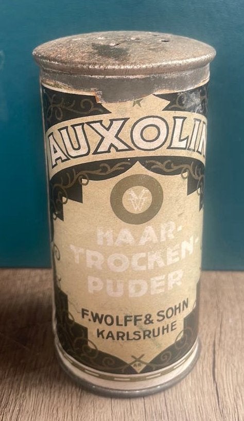 Zeldzaam blikje Auxolin haarpoeder jaren ‘20, Verzamelen, Verzenden, Gebruikt, Overige