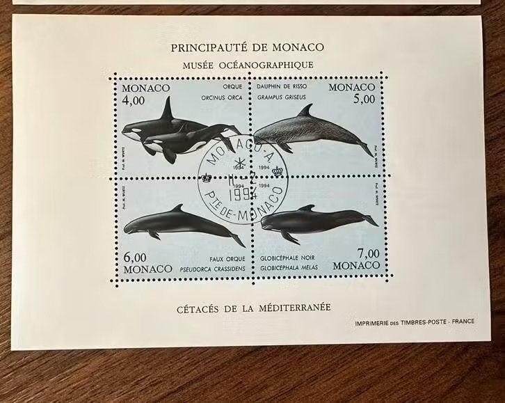 Monaco 1994 velletje walvissen en dolfijnen, Ophalen of Verzenden, Monaco, Gestempeld