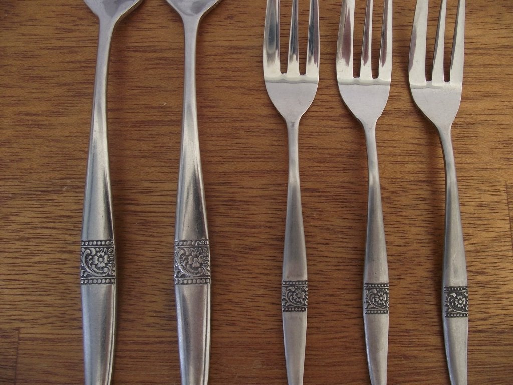 5 vintage zwart RVS bloemen vorken Amefa stainless 1960 p s, Ophalen of Verzenden