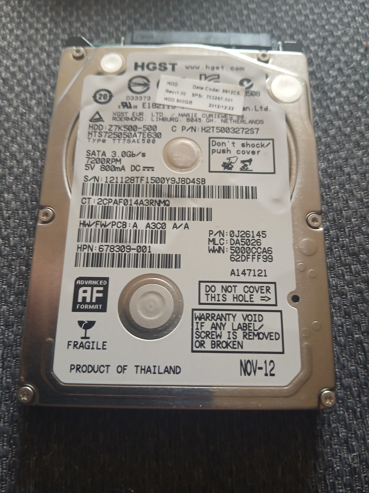 HGST 500GB HDD SATA 3.0Gb/s 7200RPM Interne Harde Schijf, Computers en Software, Harde schijven, Intern, Gebruikt, Ophalen of Verzenden