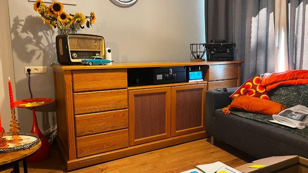 Houten tv-meubel met elektrische lift, Ophalen, Gebruikt, 75 cm of meer, Eikenhout