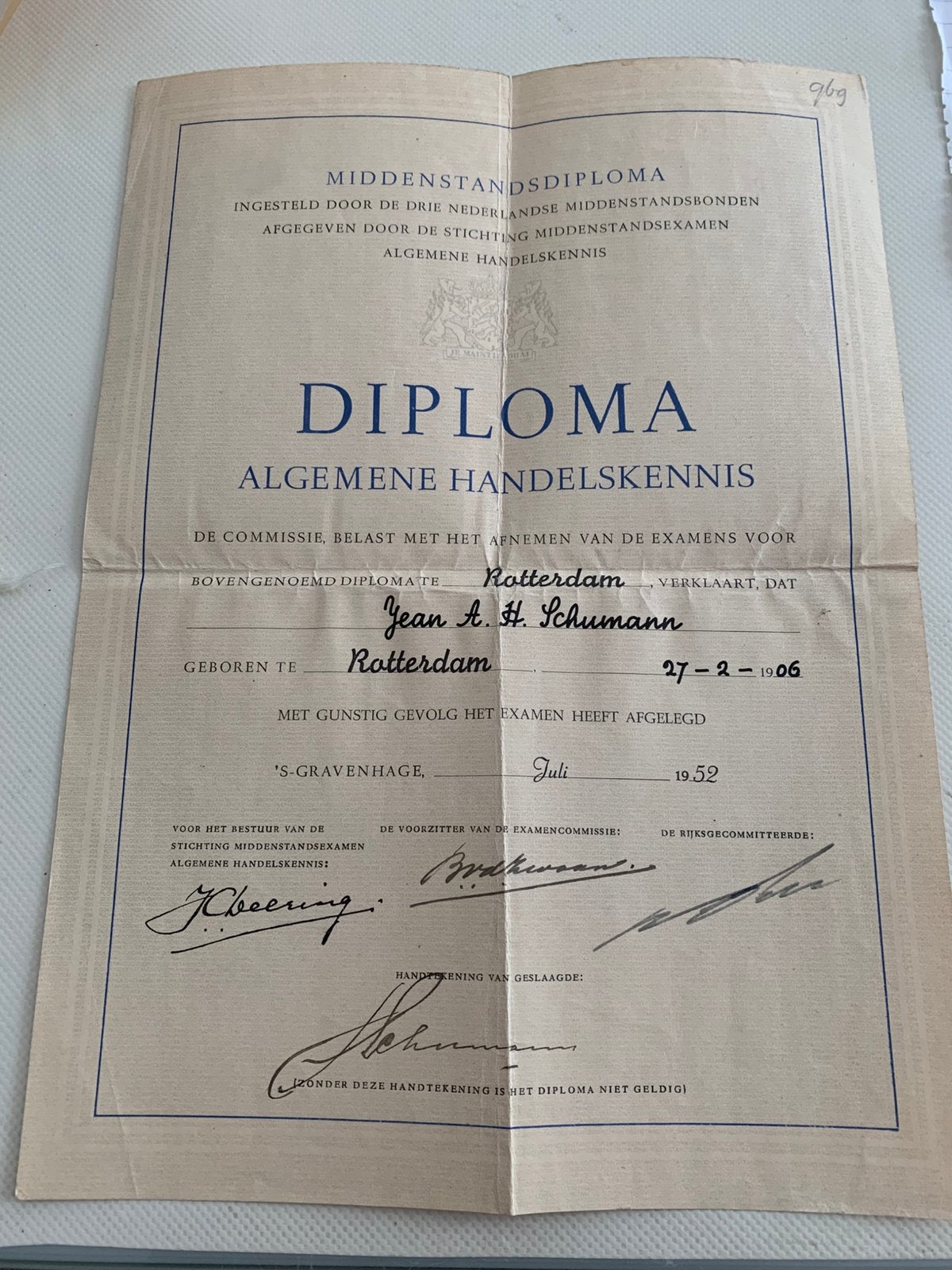 Diploma Algemene Handelkennis ‘S Gravenhage Rotterdam 1952, Verzenden, 1950 tot 1970, Overige typen