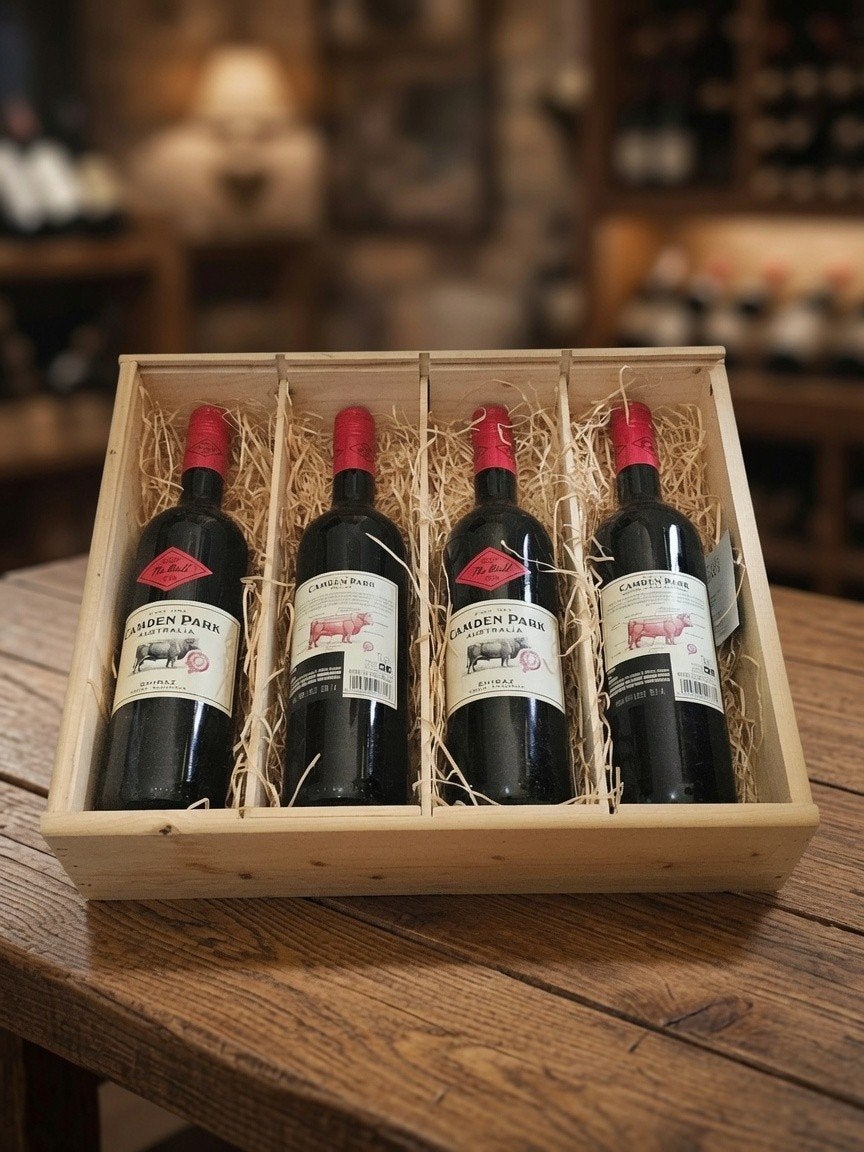 Houten wijnkist met 4 flessen Camden Park Shiraz 2019, Ophalen, Nieuw, Frankrijk, Rode wijn