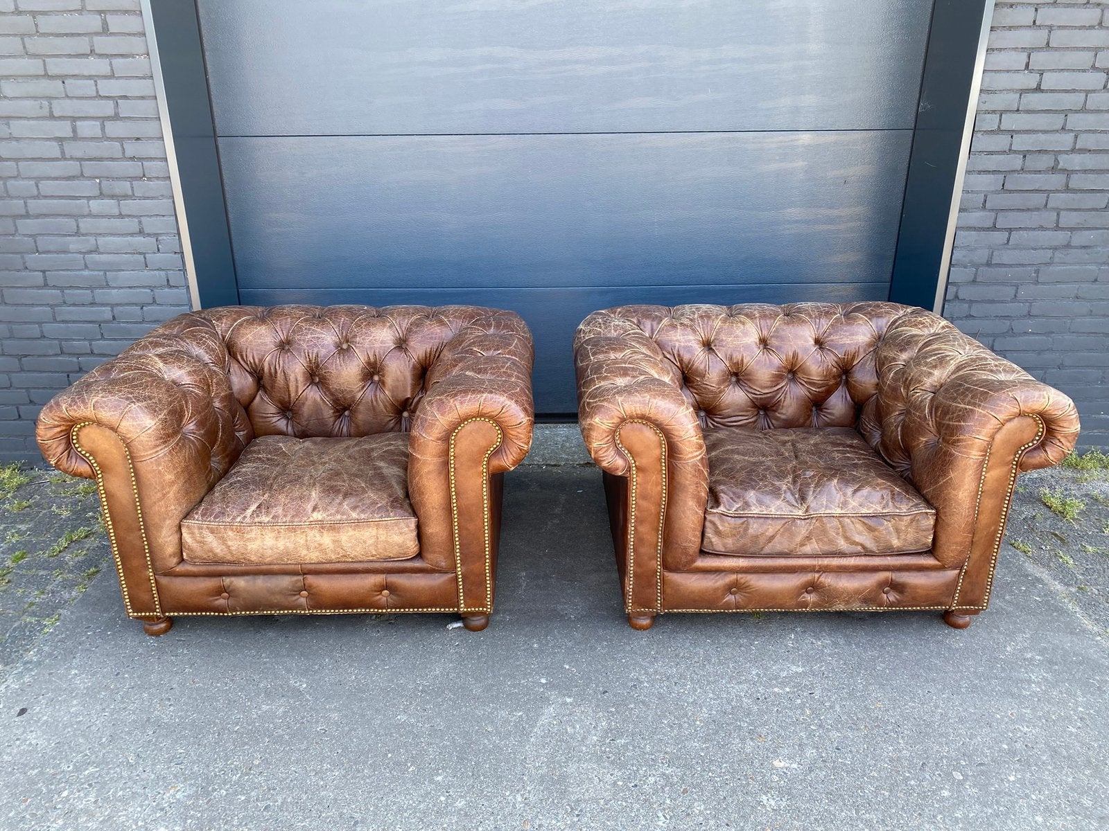 Twee prachtige Chesterfield vlub fauteuils sigaren cognac, Ophalen, Gebruikt, 75 tot 100 cm