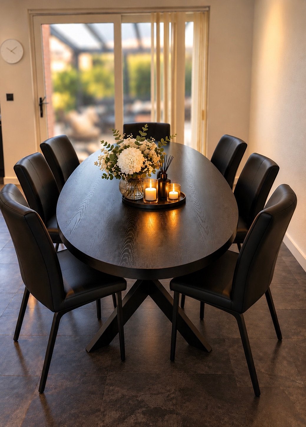 Eettafel ovaal met 7 zwarte stoelen, Ophalen, Gebruikt, 6 tot 8 stoelen