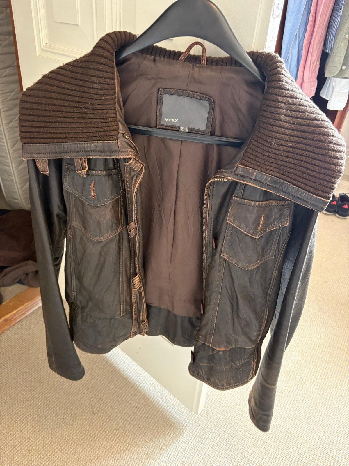 Mexx Leren Jas met Gebreide Kraag - Maat M, Ophalen of Verzenden, Gedragen, Maat 38/40 (M), Bruin