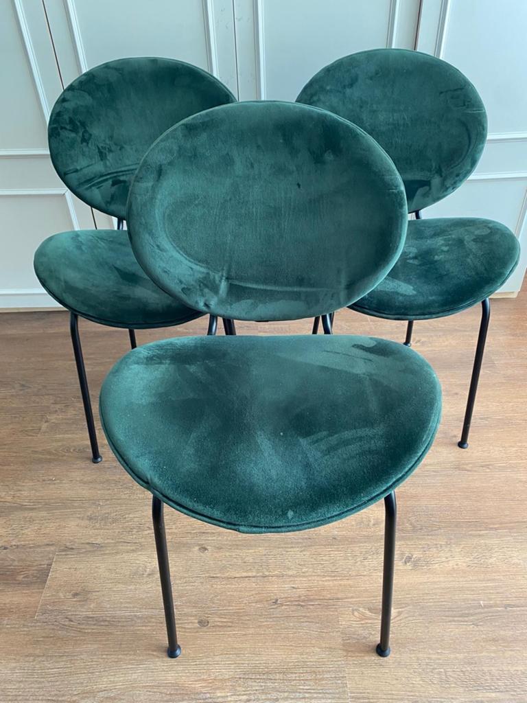 Set van 3 donkergroene fluwelen stoelen, Huis en Inrichting, Stoelen, Ophalen, Gebruikt, Overige kleuren, Drie
