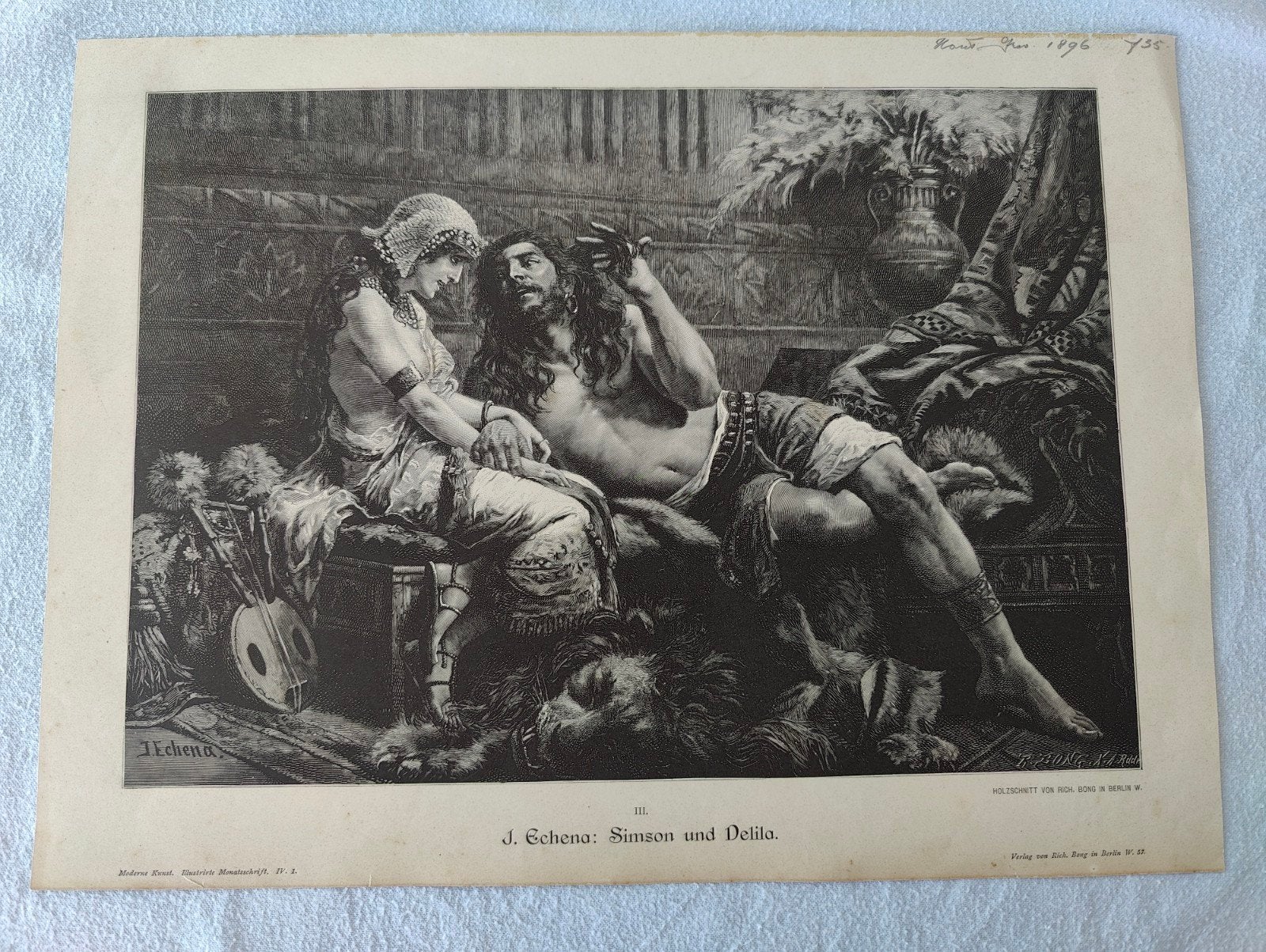 J. Echena: Simson en Delila - Houtsnede (1900-1949), Met tekst, Religie, Ophalen of Verzenden, Houtsnede