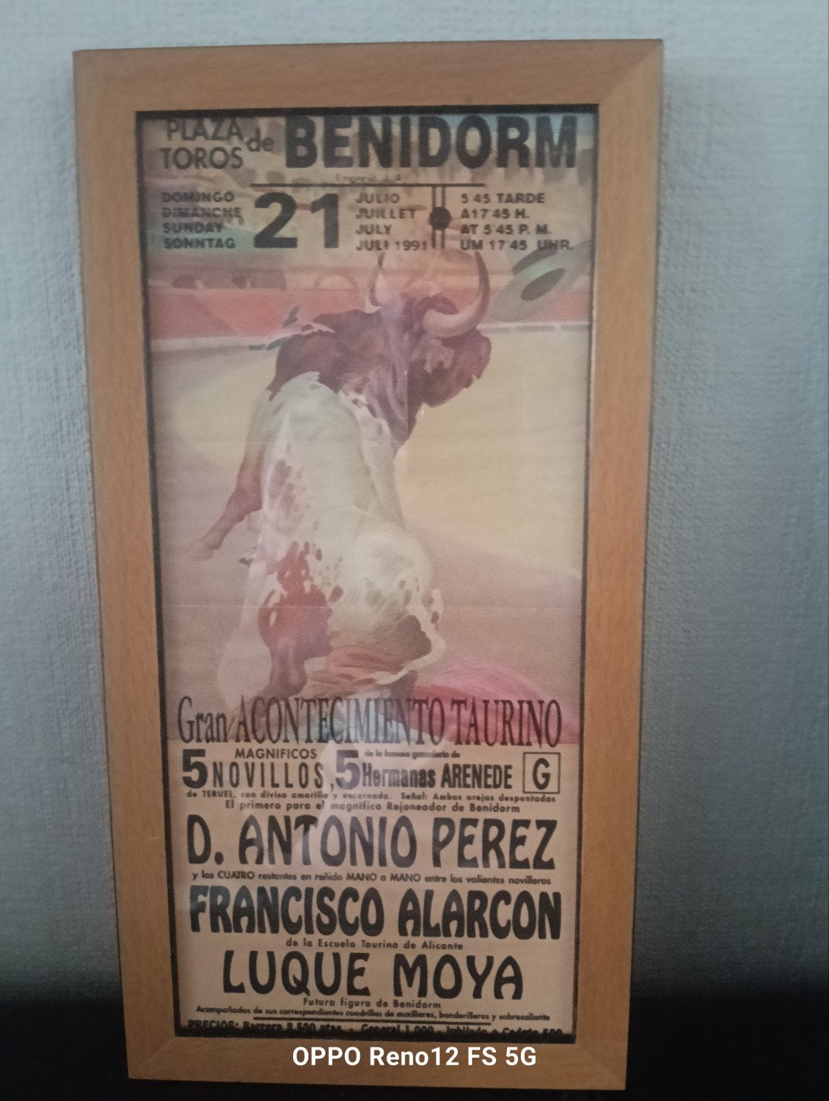 Vintage Stierenvechter Poster Benidorm 1991 - Ingelijst, Verzamelen, Met lijst, Ophalen of Verzenden, A1 t/m A3, Dier of Natuur
