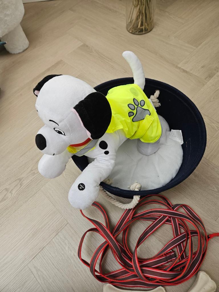 Hondje met geluid. Mandje, riempje en 2 nep botjes., Ophalen of Verzenden, Zo goed als nieuw, Lamp