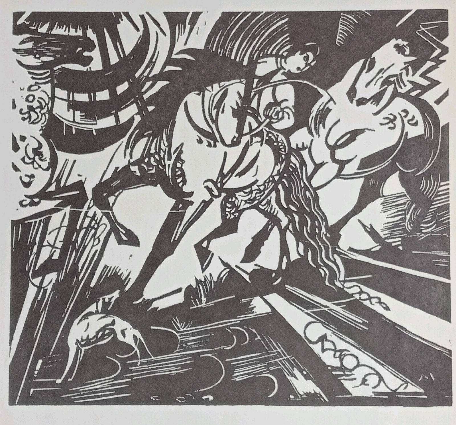 Houtsnede print met paarden, Antiek en Kunst, Kunst | Etsen en Gravures, Ophalen of Verzenden