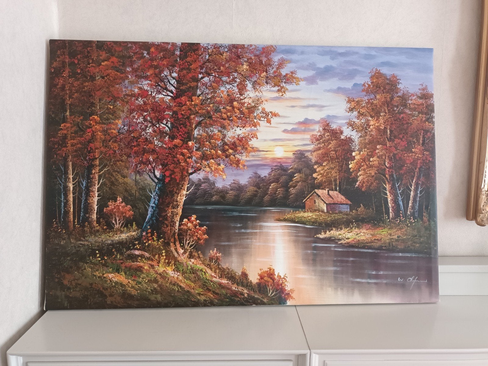 Schilderij 90x60 cm - Herfstlandschap met zonsondergang, Ophalen of Verzenden