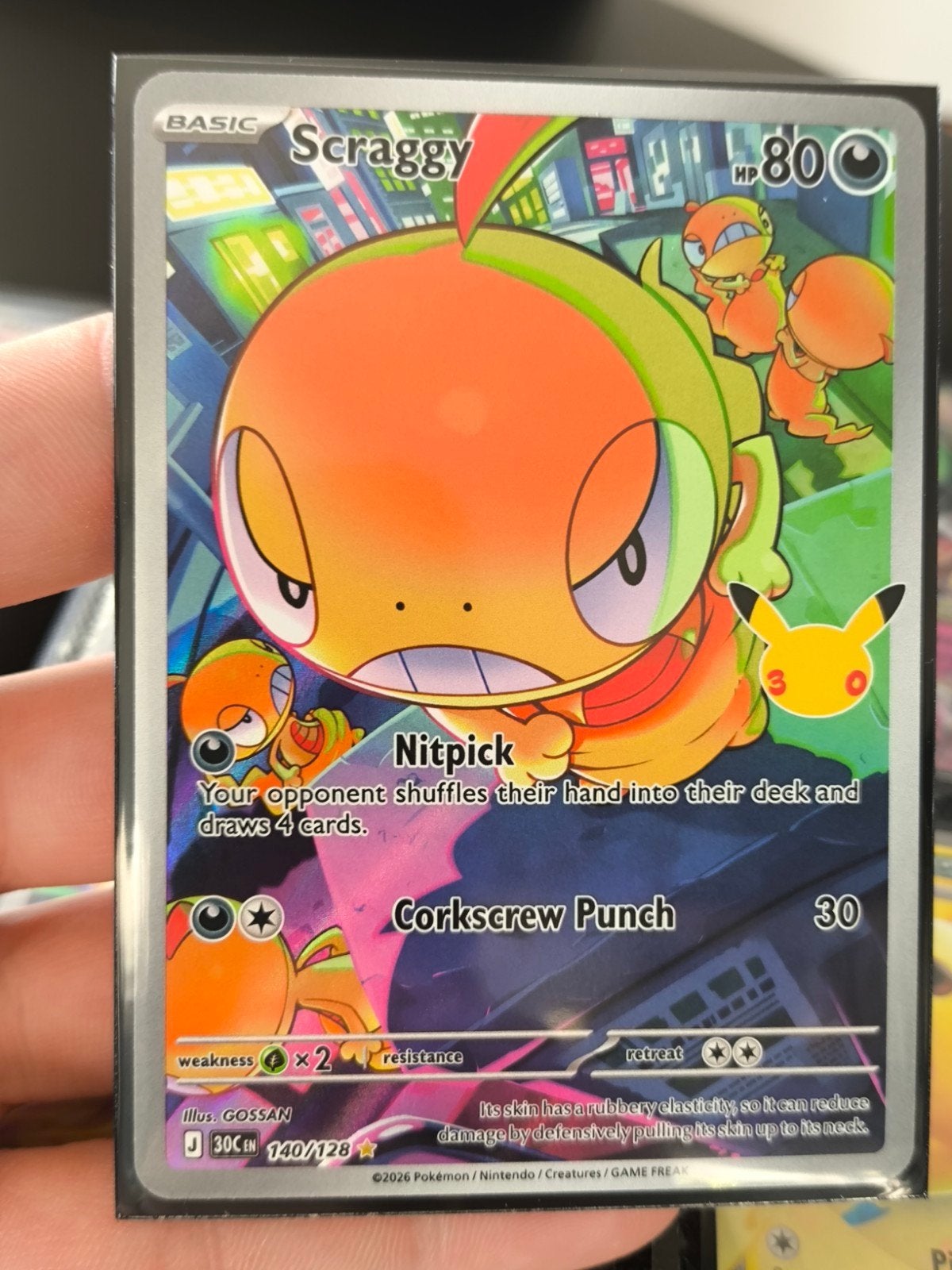 Scraggy 30c 140/128 30th Celebration Pokémon, Ophalen of Verzenden, Zo goed als nieuw, Losse kaart, Foil
