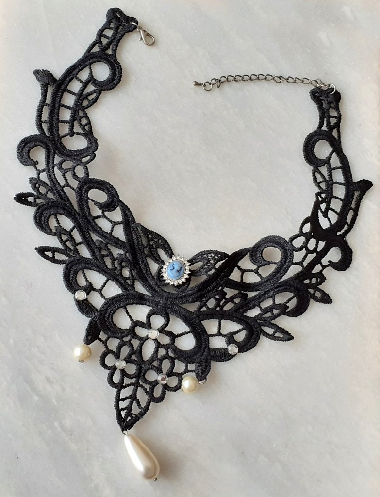 choker kant blauwe camé met parels en diamantjes, Overige materialen, Zwart, Nieuw, Ophalen of Verzenden