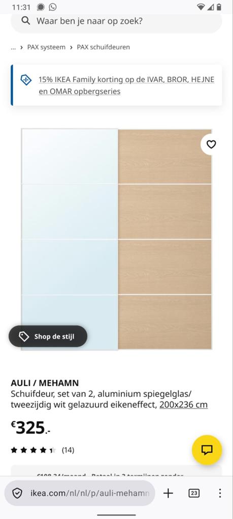 Schuifdeuren Ikea PAX spiegels en eikenlook, Huis en Inrichting, Kasten | Kledingkasten, Ophalen, Zo goed als nieuw, 50 tot 75 cm