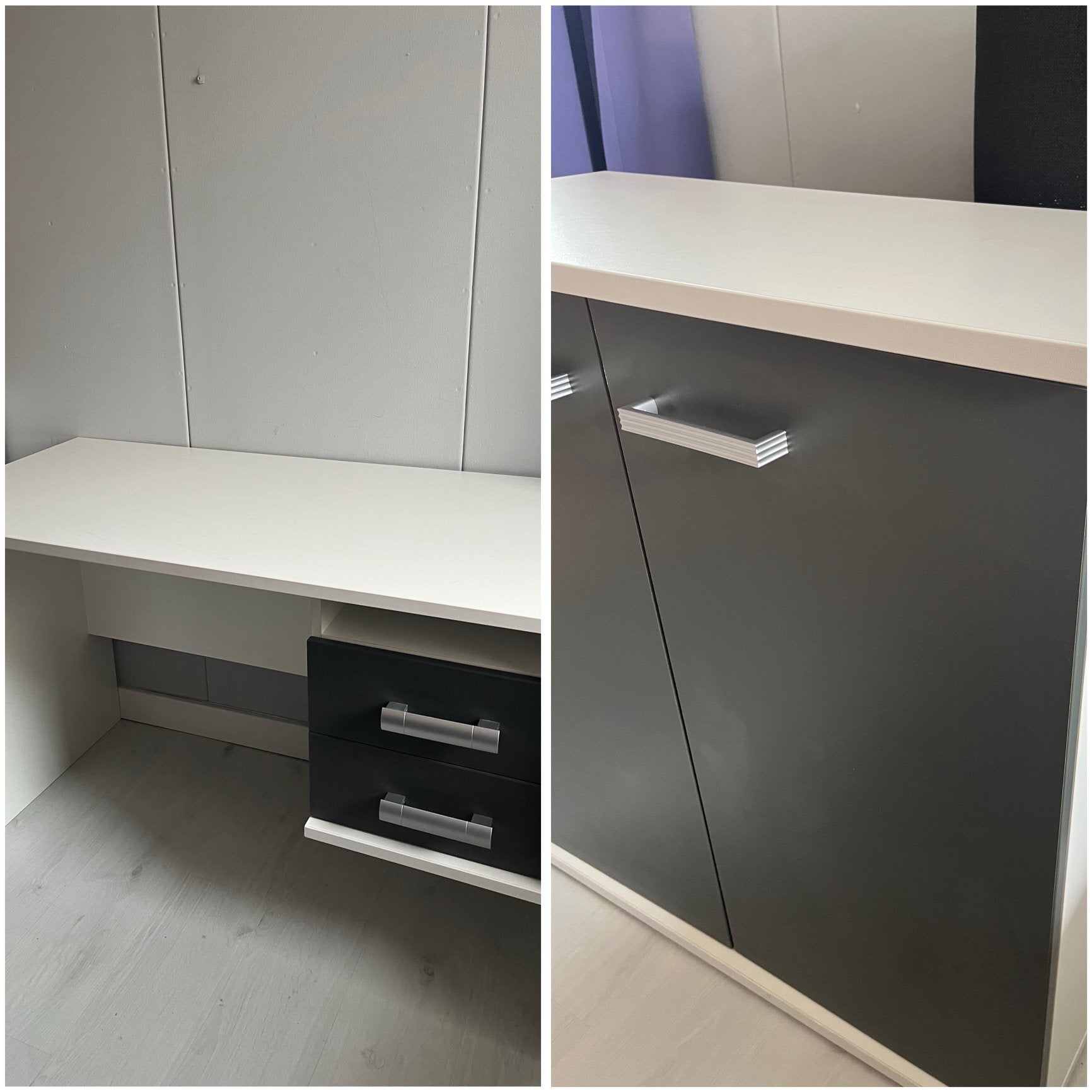 Bureau + kastje (commode) donkergrijs, Ophalen, Gebruikt, Met lades, Wit