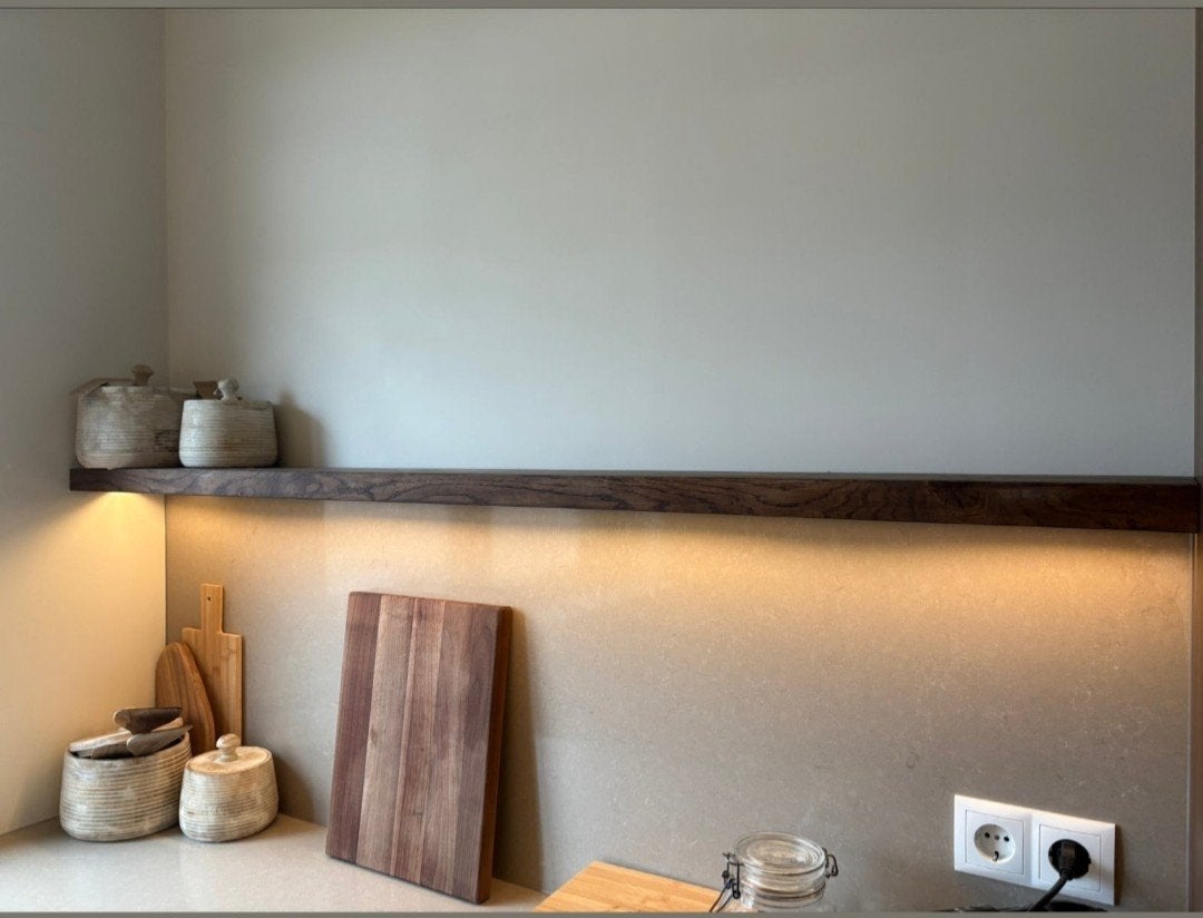 Massief zwevende eiken wandplank verlichting boomstam rand, Ophalen of Verzenden, Nieuw