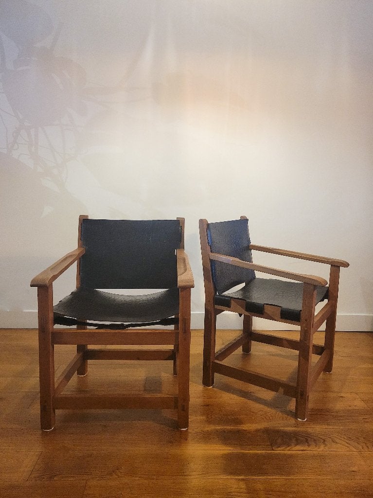 Brutalist armstoelen in eik en tuigleer 1960, Ophalen, Gebruikt, Bruin, Nvt