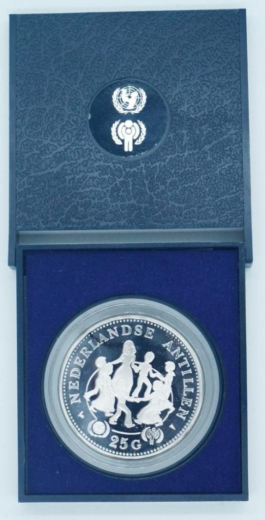NL Antillen 25 Gulden 1979 UNICEF Zilver Proof in doos, Postzegels en Munten, Munten | Nederland, Koningin Juliana, Zilver, Losse munt