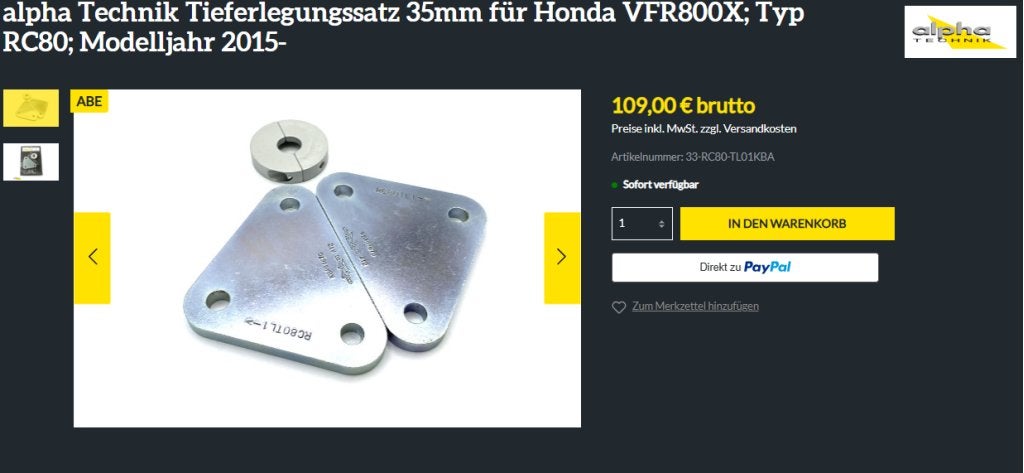 Verlagingsset AlphaTechnik voor Honda VFR800X RC80 '2015-, Motoren, Niet ingevuld, Gebruikt, Niet ingevuld, Ophalen of Verzenden