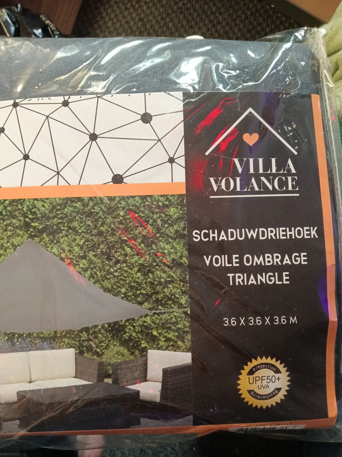 Villa Volance Schaduwdriehoek 3.6x3.6x3.6m UPF50+, Ophalen, Nieuw