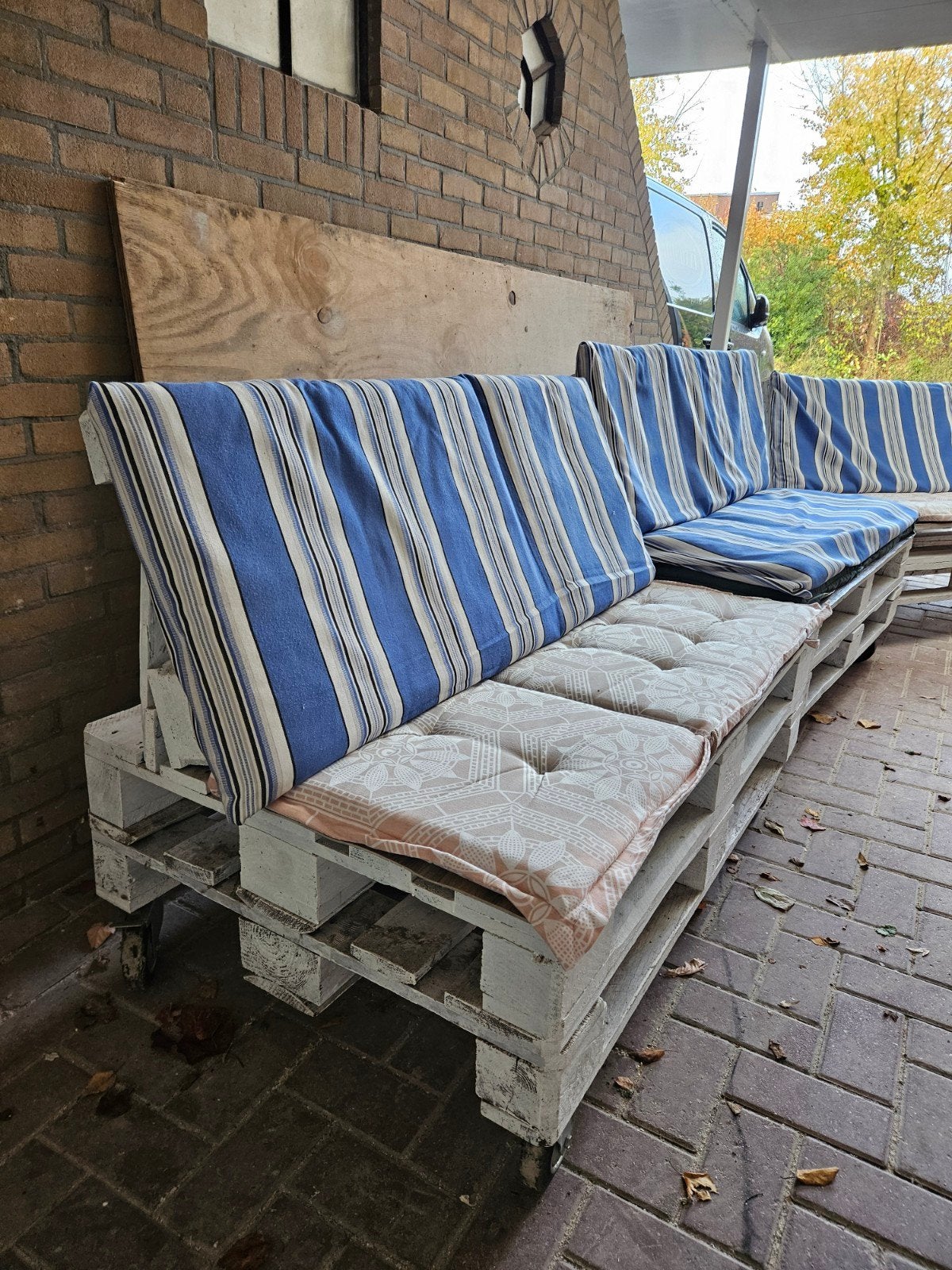 3 stevige palletbanken met kussens en wielen, Tuin en Terras, Ophalen, Gebruikt, Meer dan 8 zitplaatsen, Loungeset