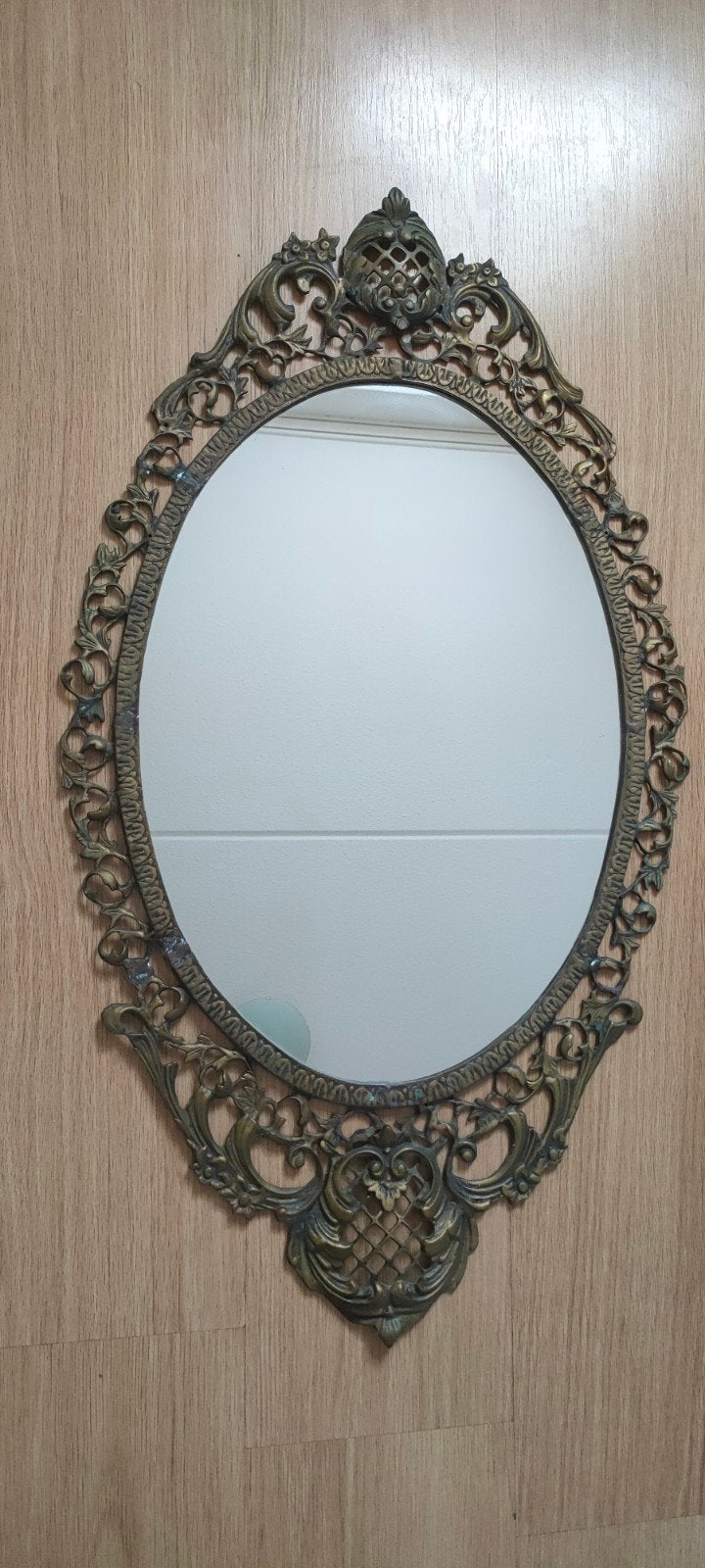 Antieke koperen Spiegel Art Nouveau, Ophalen, Ovaal, Minder dan 50 cm